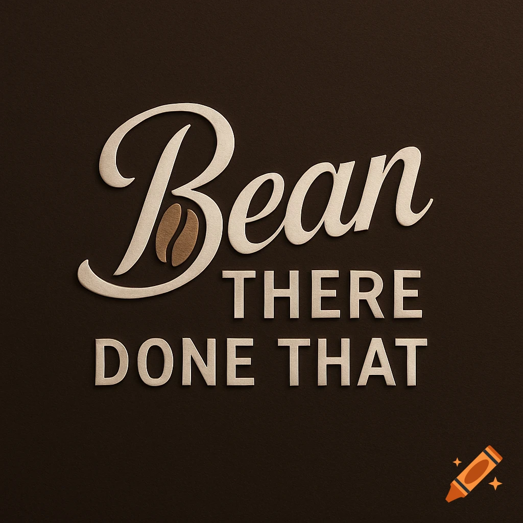 A stylized logo with the phrase 'Bean THERE DONE THAT' in embossed, light-colored text on a dark brown background. A coffee bean replaces the 'o' in 'Bean'.