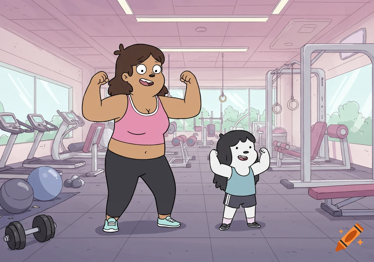 Cartoon of a woman and a child flexing their arms in a gym, similar to We Bare Bears style.