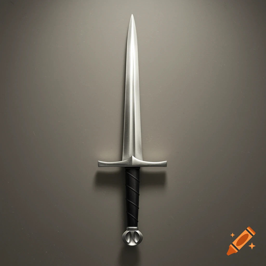 A simple, photorealistic crusader sword with a black handle centered on a plain, muted background.