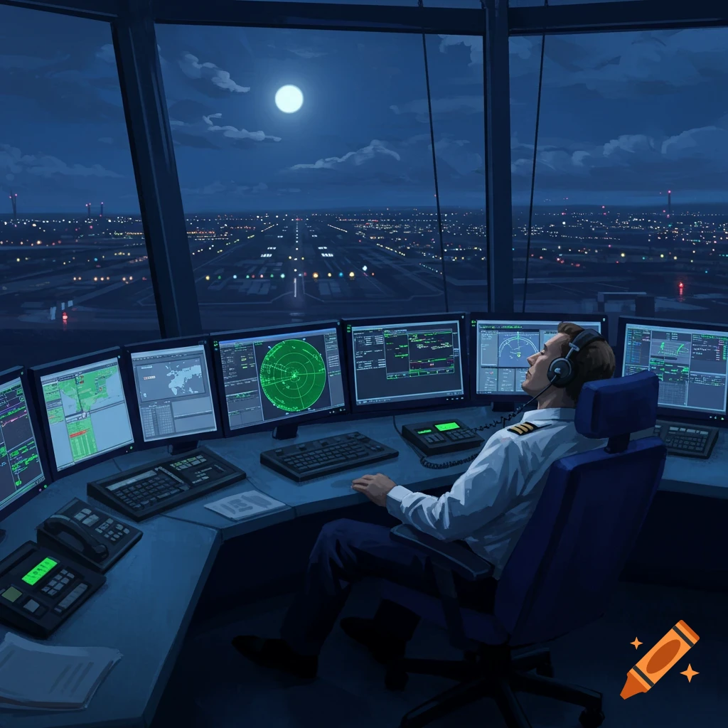 An air traffic controller wearing headphones is asleep at his console inside a control tower, overlooking an airport runway at night under a full moon.