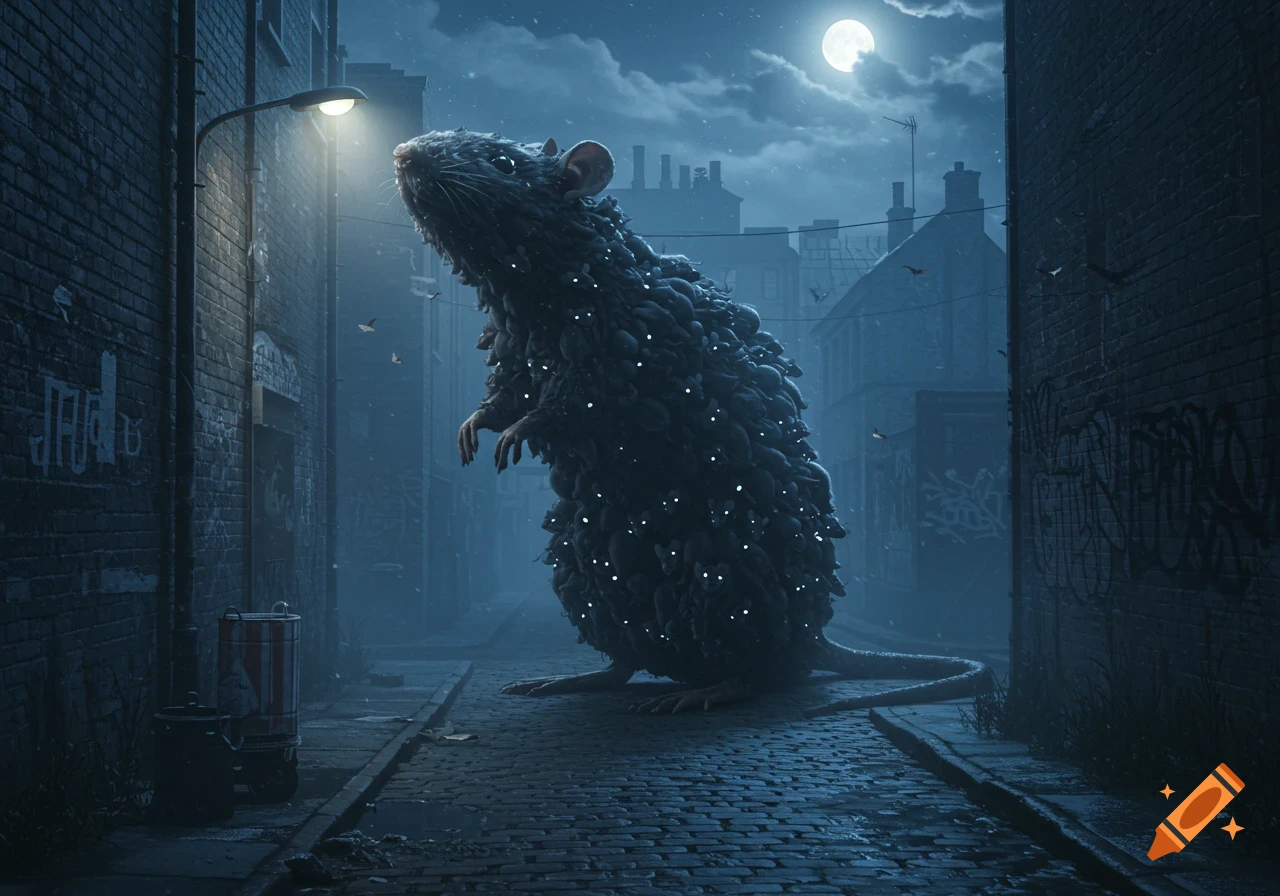 A colossal rat made of smaller rats with glowing eyes stands in a dark, misty city alley under a full moon.