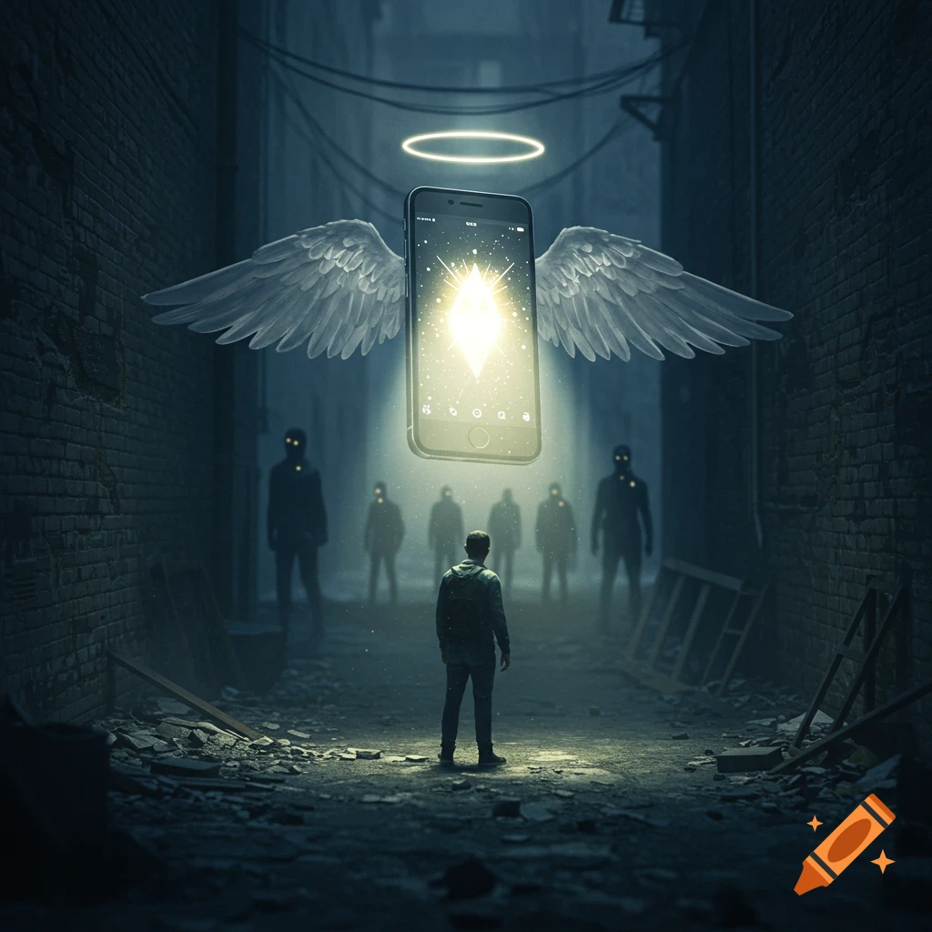 A glowing smartphone with angel wings and a halo hovers above a person in a dark, debris-filled alley, watched by shadowy figures in the background. Stylized art.