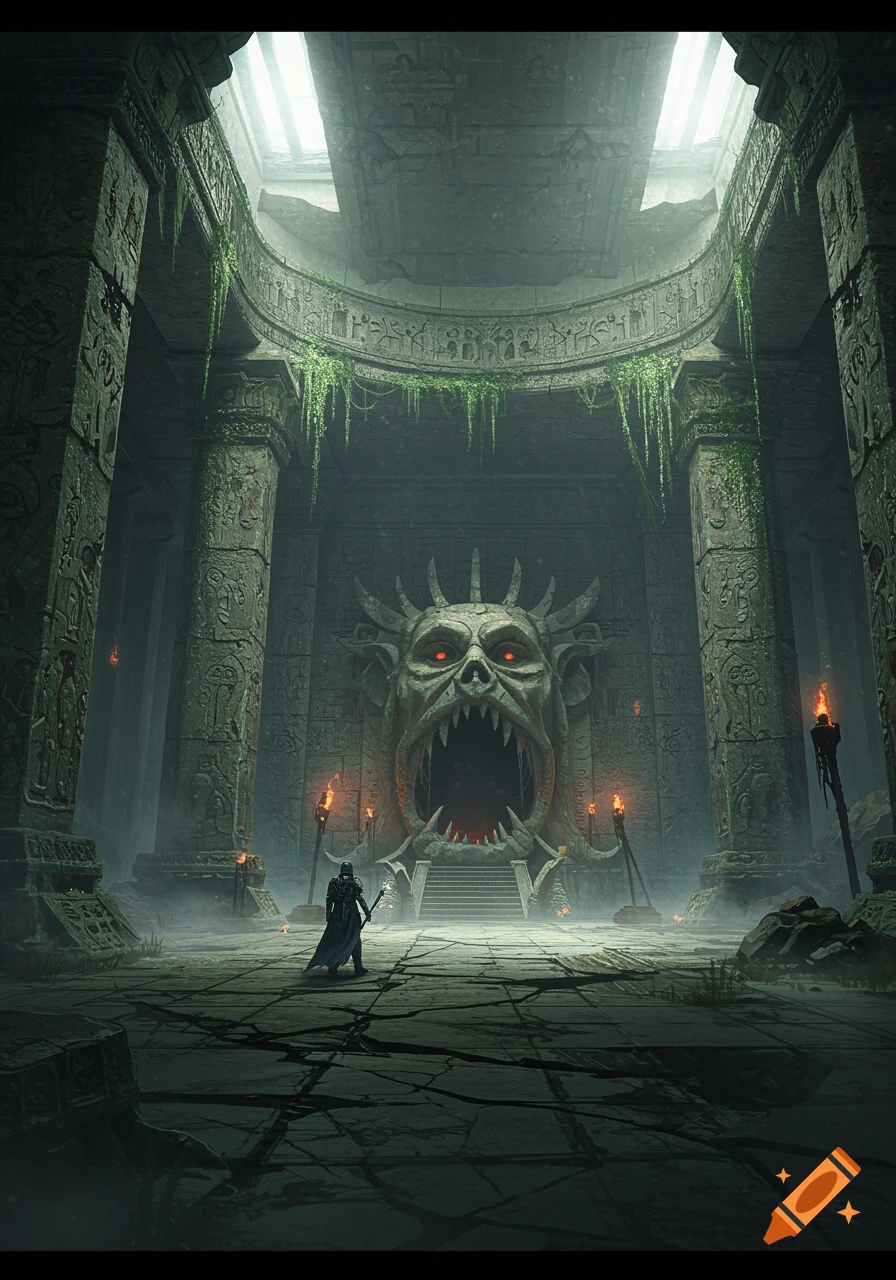 A small figure stands before a monstrous, carved face with glowing red eyes in a dark, ancient temple overgrown with moss.
