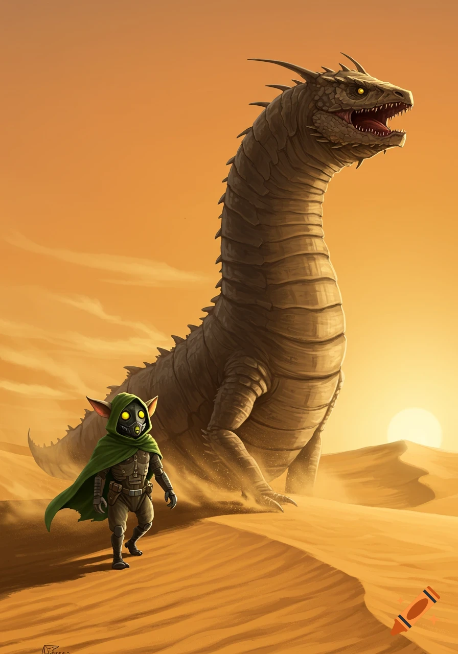 A small cloaked creature with a gas mask walks beside a giant, segmented sandworm in a desert landscape at sunset.