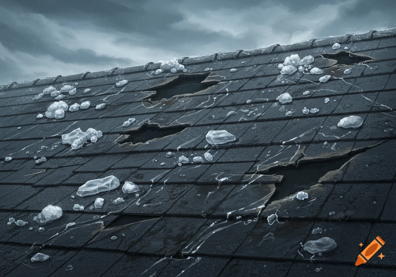 A close-up of a dark, damaged asphalt shingle roof with holes, ice chunks, and water streaks under a gloomy, rainy sky.