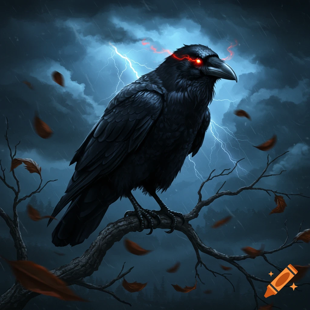 A dark fantasy art illustration of a black raven with glowing red eyes perched on a bare branch during a stormy night with lightning.