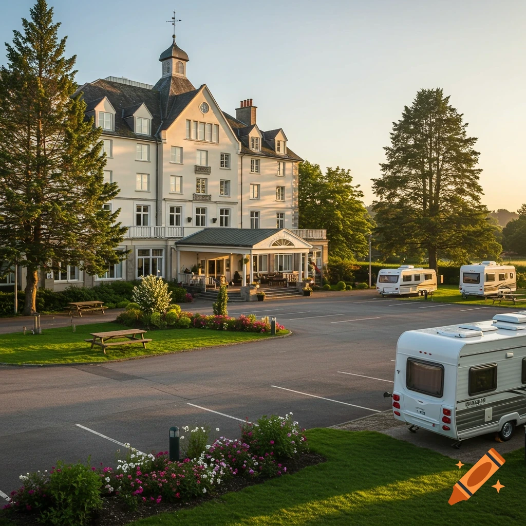 A large, elegant white hotel building with a green roof at sunset, featuring a spacious parking lot with several white travel trailers, surrounded by manicured lawns and trees.