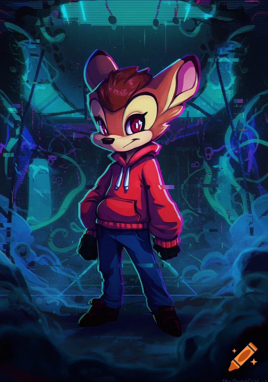 A cartoon deer character in a red hoodie and blue jeans stands in front of a dark, glitchy digital background with neon lights.