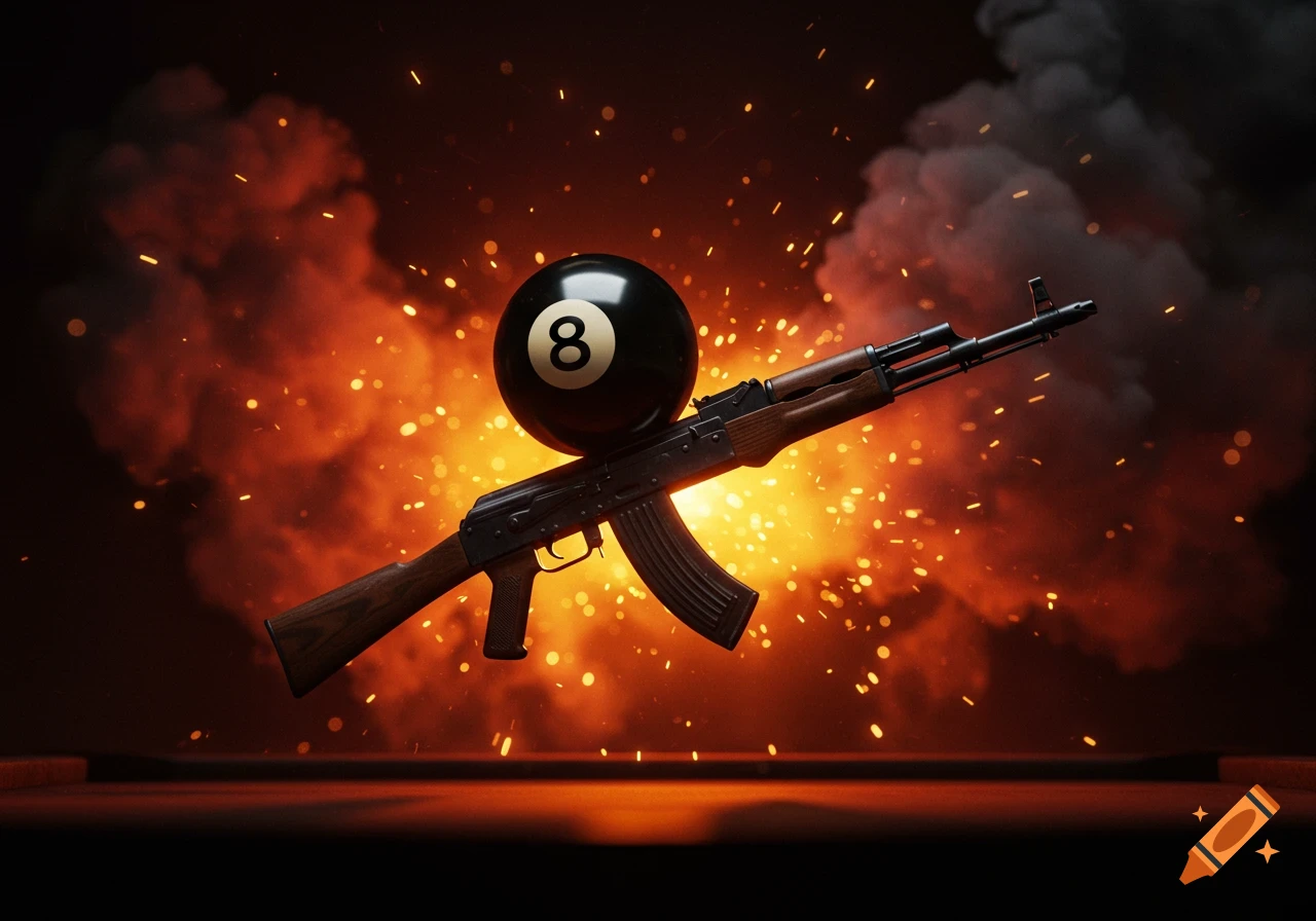 A black 8-ball billiards ball sits atop an AK-47 assault rifle amidst an orange explosion with sparks.