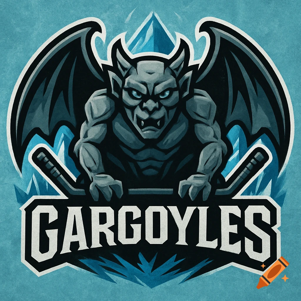 A stylized grey gargoyle with blue eyes and large black wings crouches over crossed hockey sticks above the white text 'GARGOYLES', all on a textured light blue background, resembling a sports team logo.