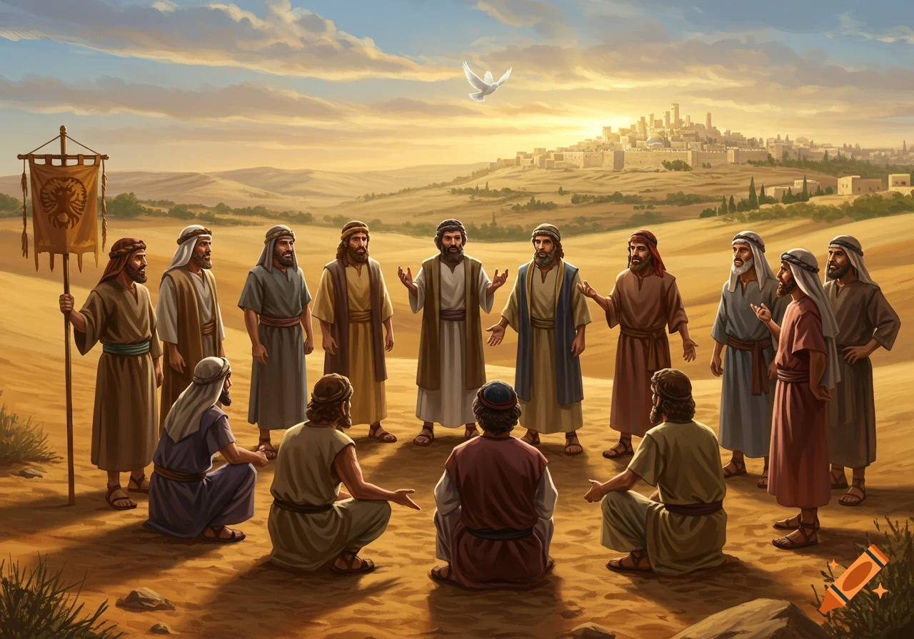 Twelve ancient Middle Eastern men in a circle in the desert, conversing. A distant city and a white dove in the sky are visible under a golden sunset.