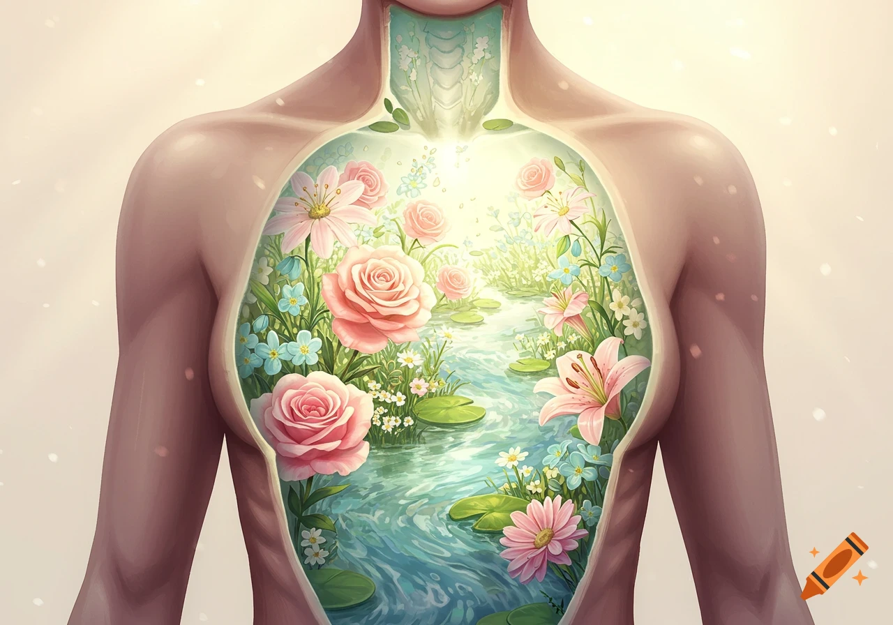 A stylized illustration of a human torso with an open chest revealing a vibrant garden of pink roses, lilies, and a stream flowing through, under warm light.
