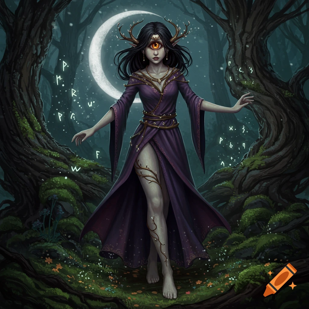 A female cyclops witch with antlers and a purple dress stands in a mystical moonlit forest with glowing runes.