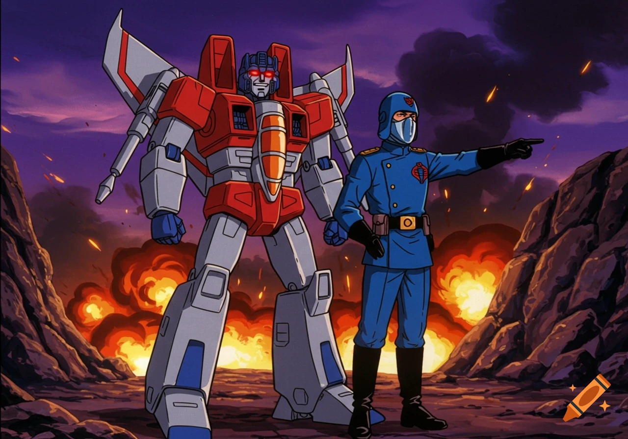 Starscream and Cobra Commander stand side by side on a rocky battlefield with explosions, in 1980s cartoon style.