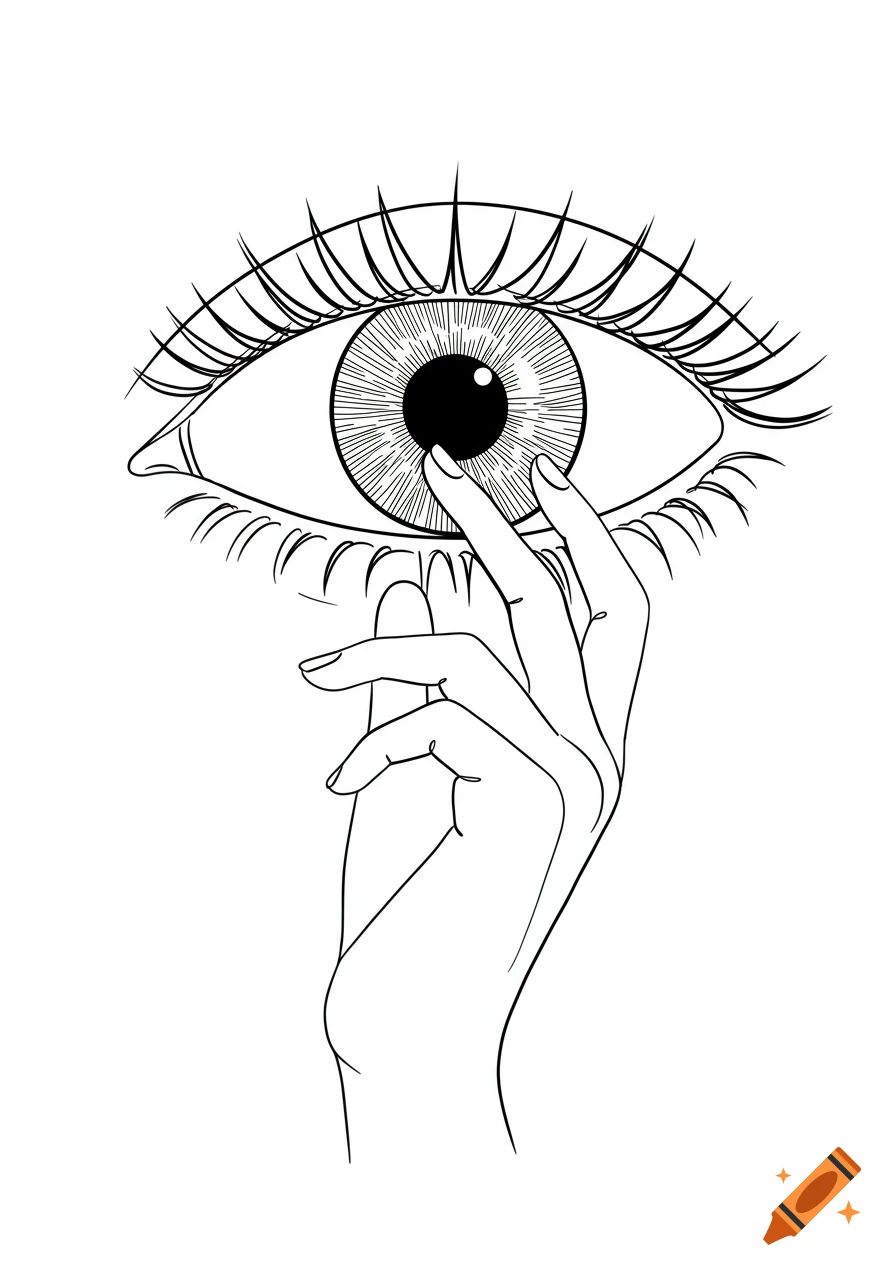 A line drawing of an eye with a hand touching its pupil.