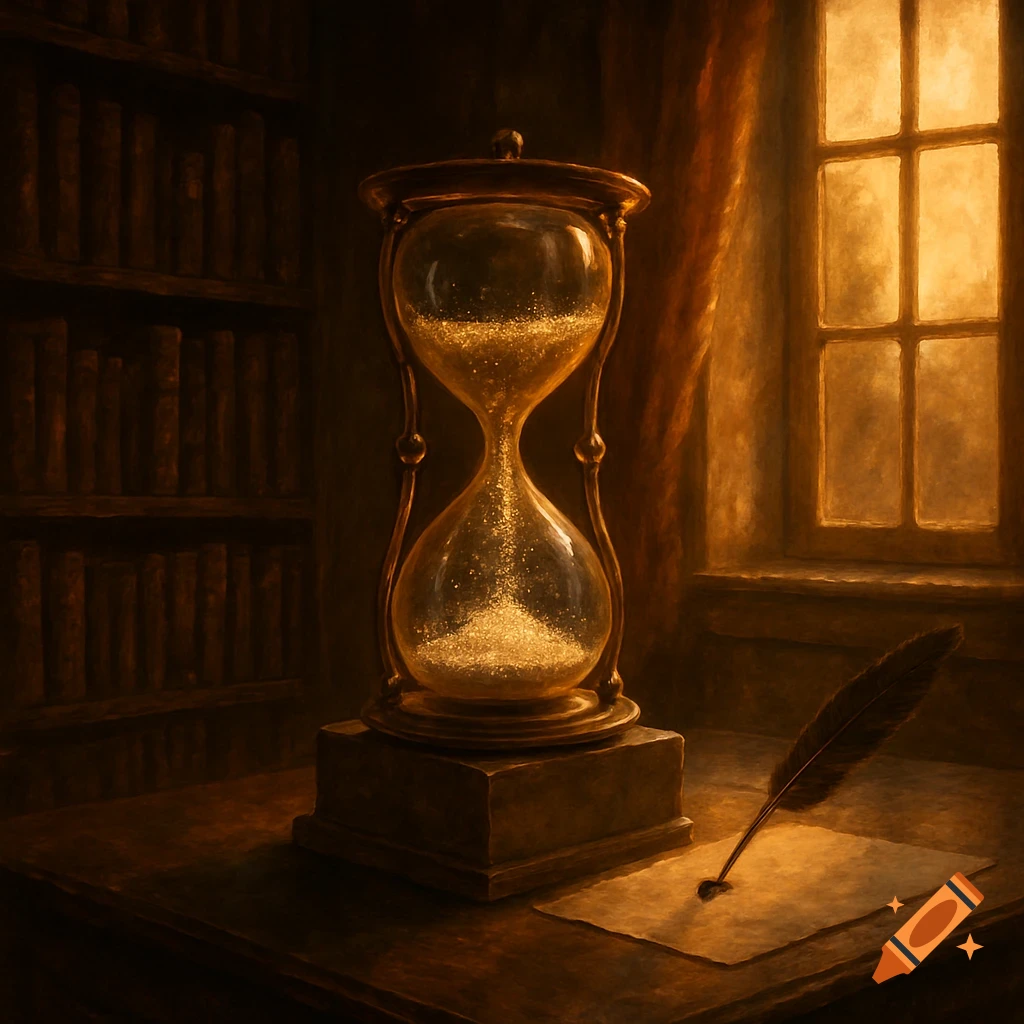 An hourglass filled with sparkling sand sits on a wooden table next to a quill and paper. A bookshelf and a sunlit window are in the background.