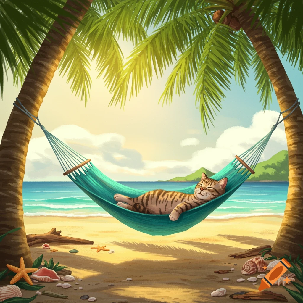 A cute tabby cat naps peacefully in a teal hammock strung between two palm trees on a sunny beach.