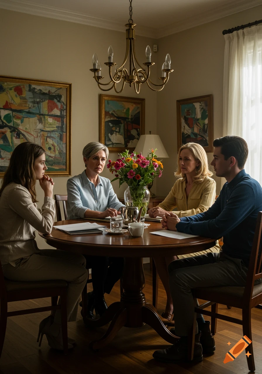 Four people, two men and two women, sit around a wooden dining table with a floral centerpiece, engaged in a serious discussion.