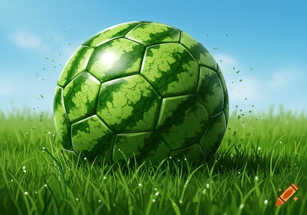A soccer ball designed to look like a watermelon sits on green grass under a clear blue sky.