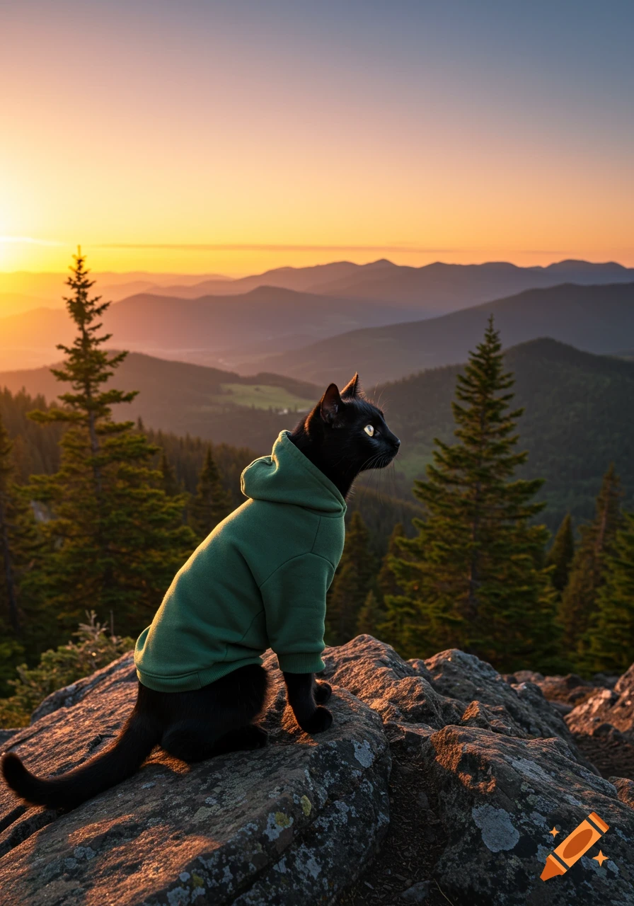 A photorealistic black cat in a green hoodie sits on a rocky mountaintop overlooking mountains at sunrise.