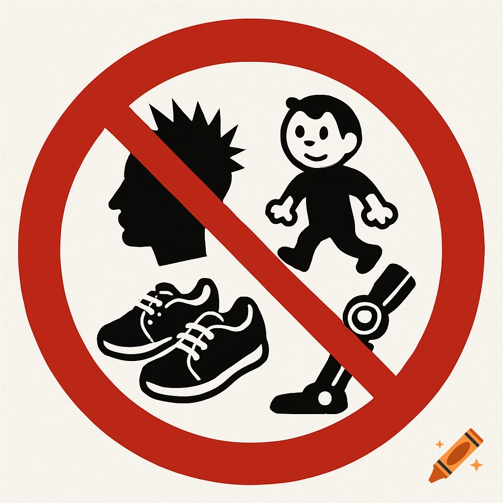 A red and white prohibition sign featuring black silhouettes of a spiky-haired head, shoes, a small figure, and a bionic leg.