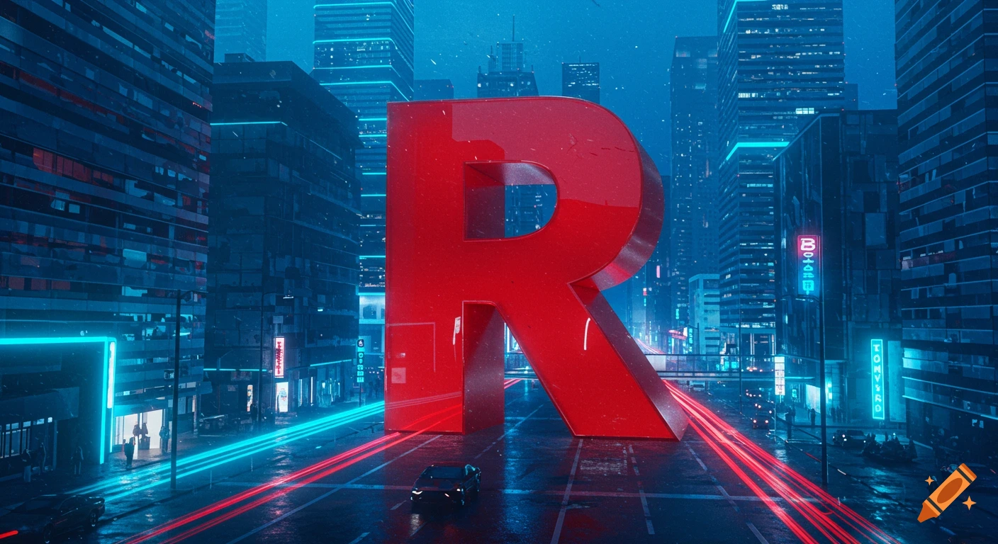 A massive red letter R stands in the middle of a futuristic city street at night, illuminated by blue and red neon lights with car light trails.