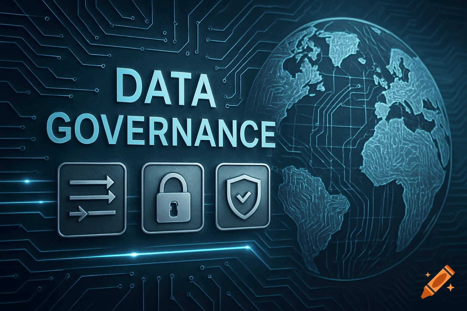Blue 3D text 'DATA GOVERNANCE' with circuit board patterns, digital globe, and icons for data flow, security, and protection.