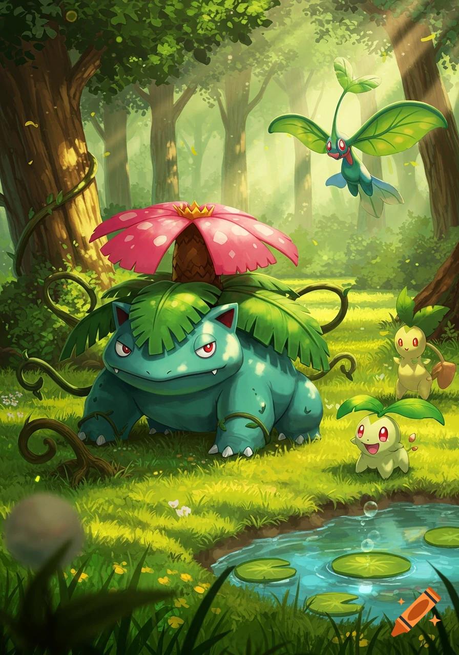 A vibrant illustration of Venusaur, two Chikorita, and a Flygon-like creature in a lush, sunlit forest with a pond.