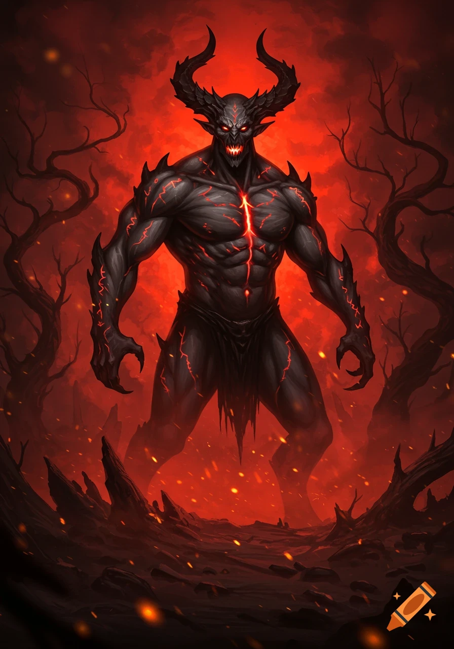 A dark, muscular demon with glowing red eyes and cracks, standing in a fiery, hellish landscape with twisted trees.