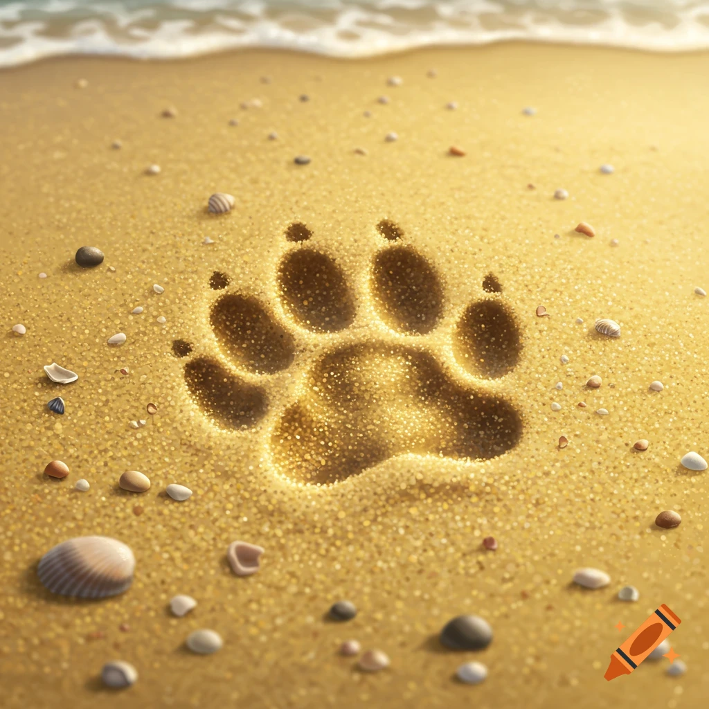 A close-up, photorealistic image of a large paw print in golden sand on a beach, with small shells and pebbles, at the edge of the ocean.