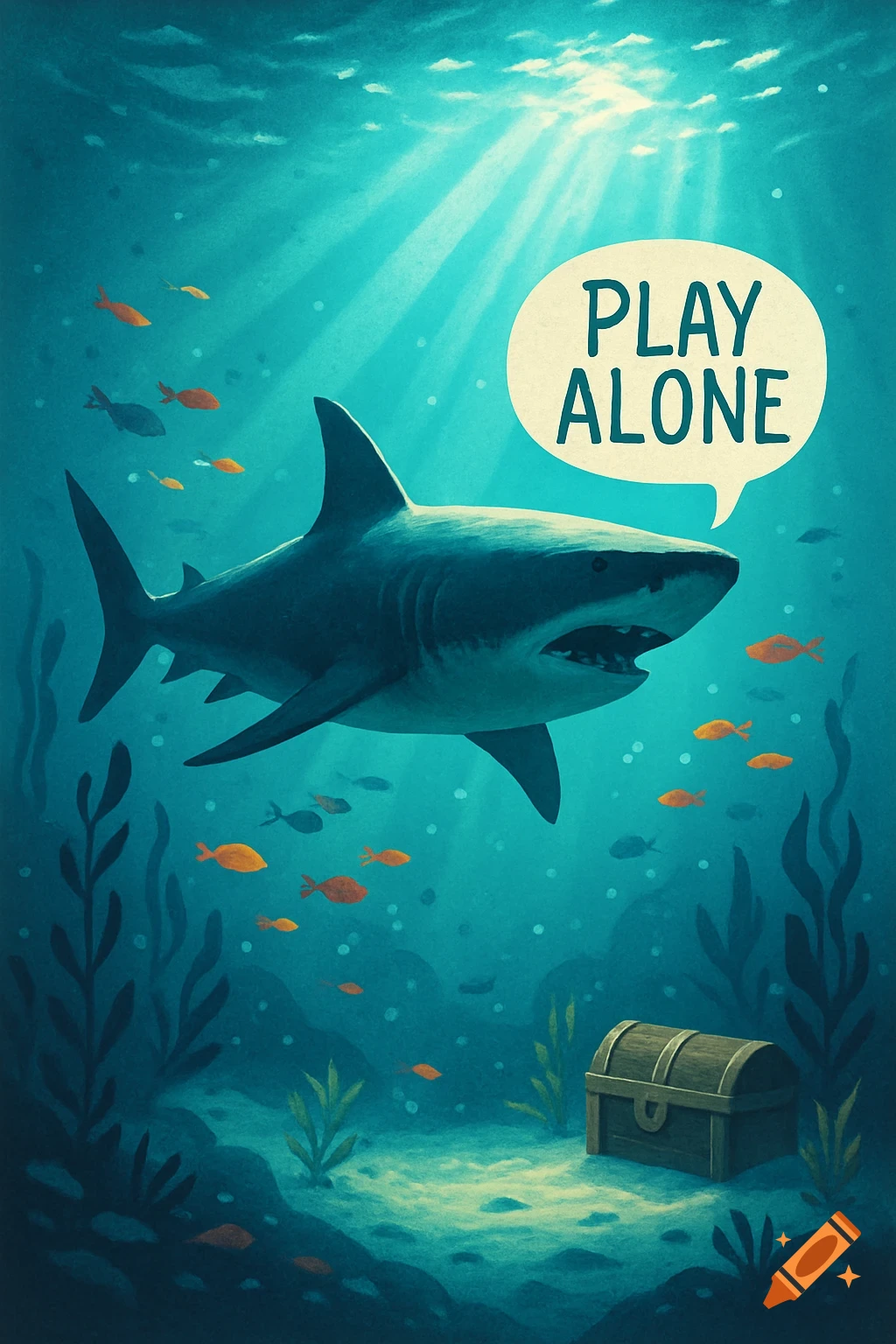 Stylized illustration of a great white shark underwater with fish and a treasure chest, saying "PLAY ALONE".