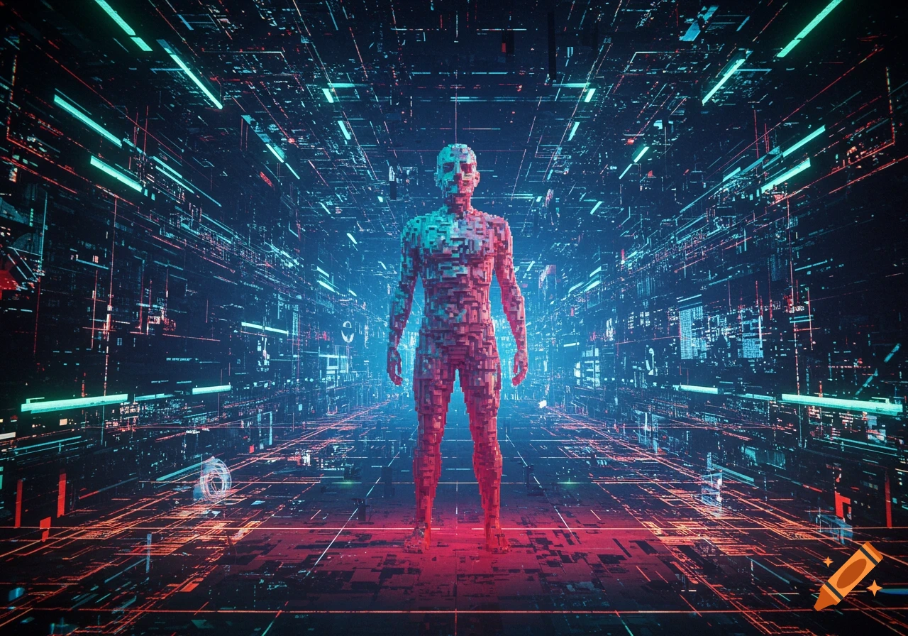 A pixelated human figure stands illuminated by red and blue light in a dark, glowing digital tunnel.