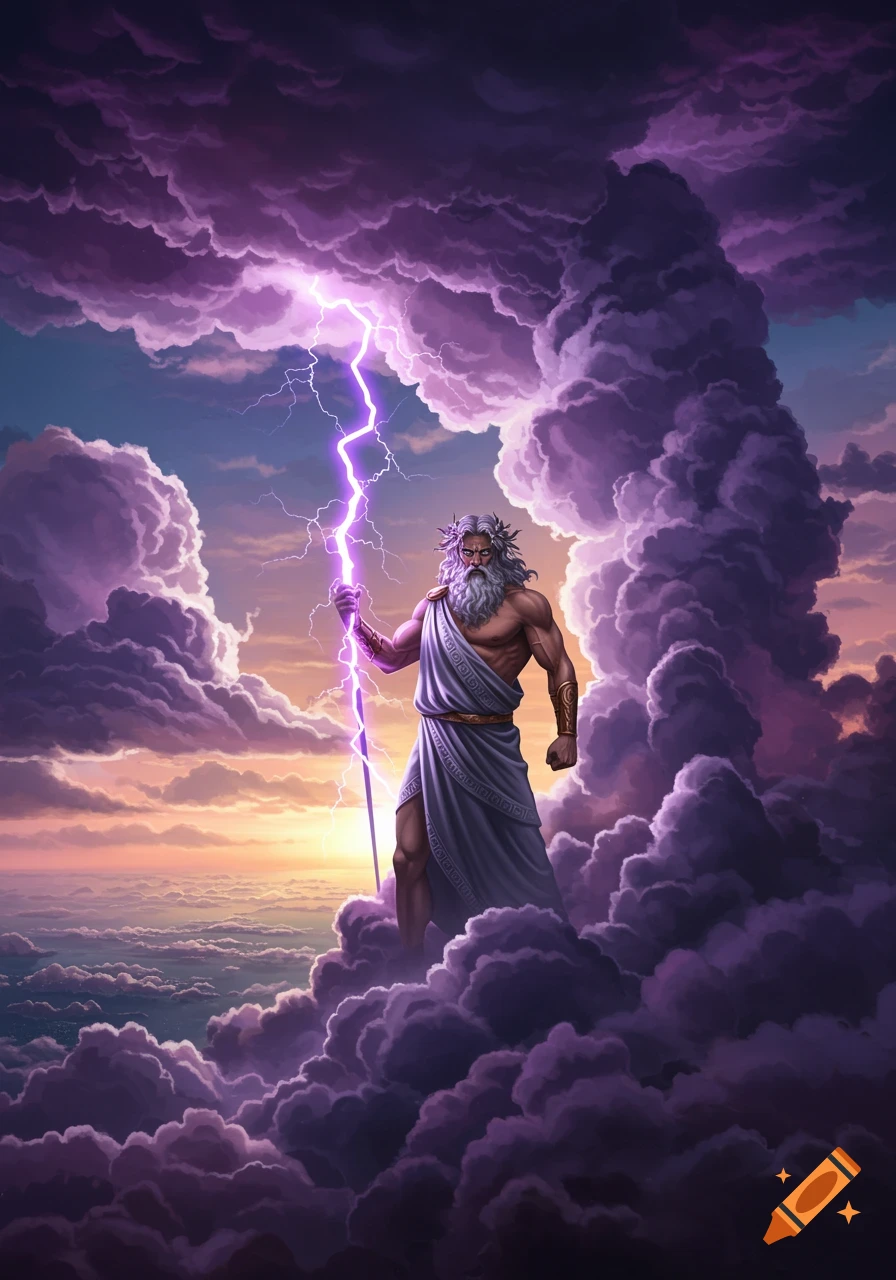 Zeus, the king of the gods, stands on purple clouds holding a vibrant purple lightning bolt against a sunset sky.