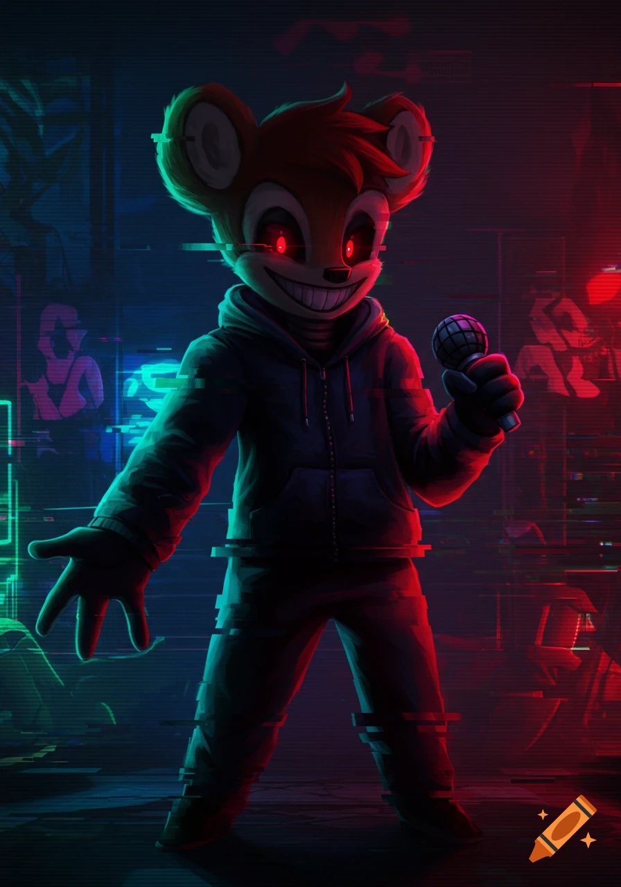 A creepy, mouse-like character with red glowing eyes and a wide smile, wearing a hoodie, holds a microphone amidst a dark, glitch-art background with blue and red lighting.