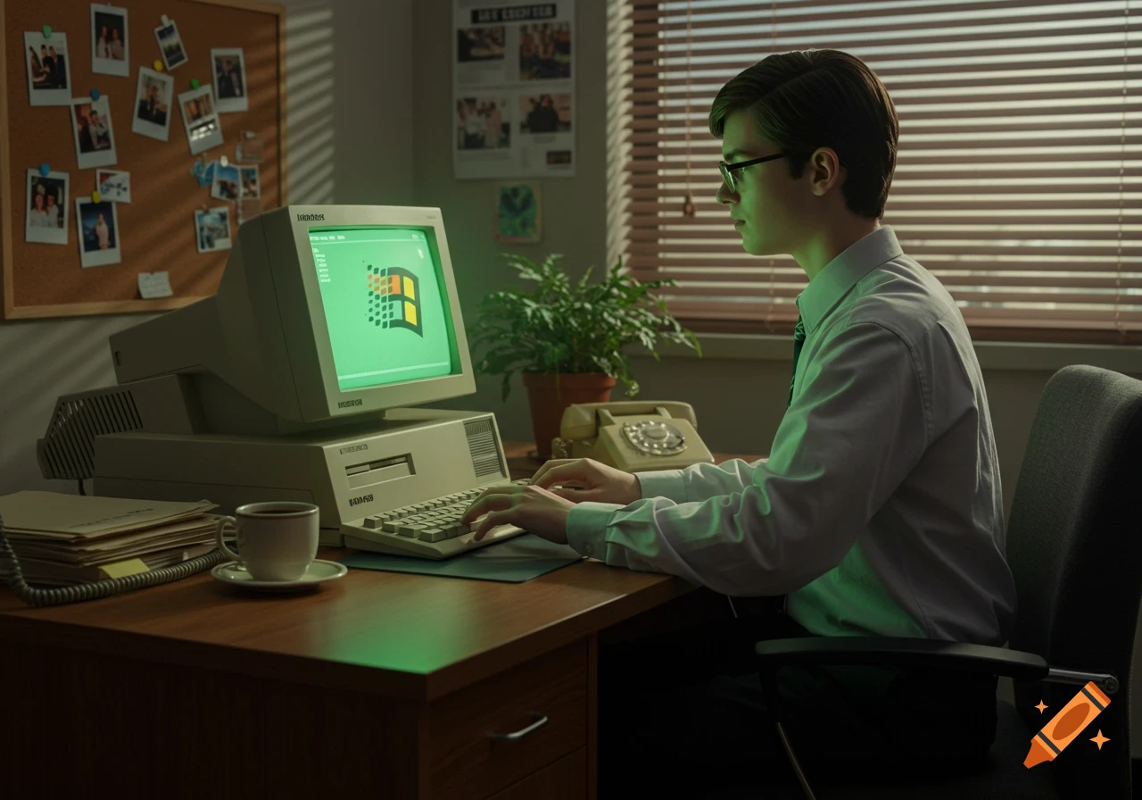 A young man in a shirt and tie types on a vintage desktop computer with a green screen displaying the Windows 95 logo, in a dimly lit office.