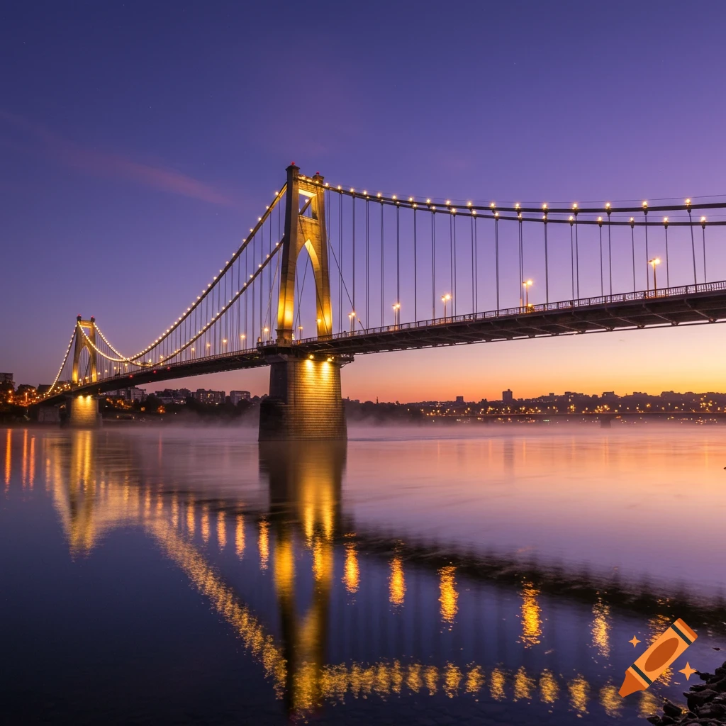 A suspension bridge illuminated with golden lights reflecting on the water at twilight, with a distant city skyline.