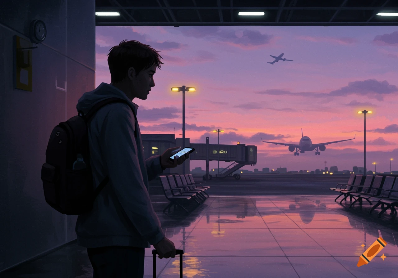 A man with a backpack stands at an airport gate at dusk, looking at his phone, with airplanes and a purple sky in the background. Digital art.