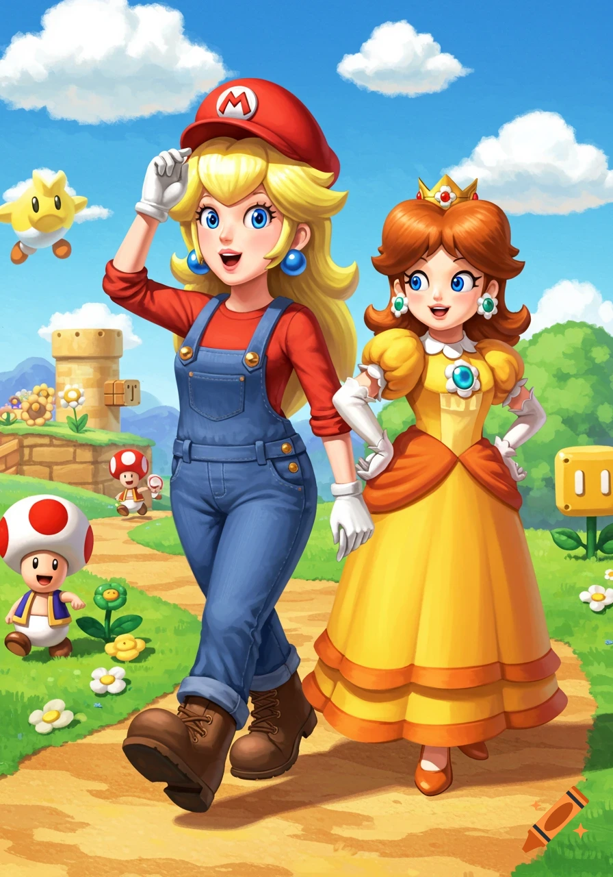 Princess Peach dressed as Mario and Princess Daisy walk through a vibrant Super Mario Bros. landscape with Toads and iconic blocks.