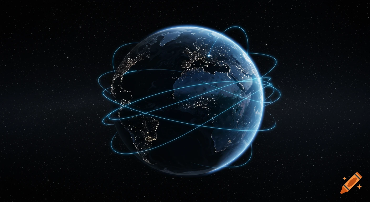 A wide, cinematic view of Earth from outer space at night, showing city lights and glowing blue lines representing global connectivity.