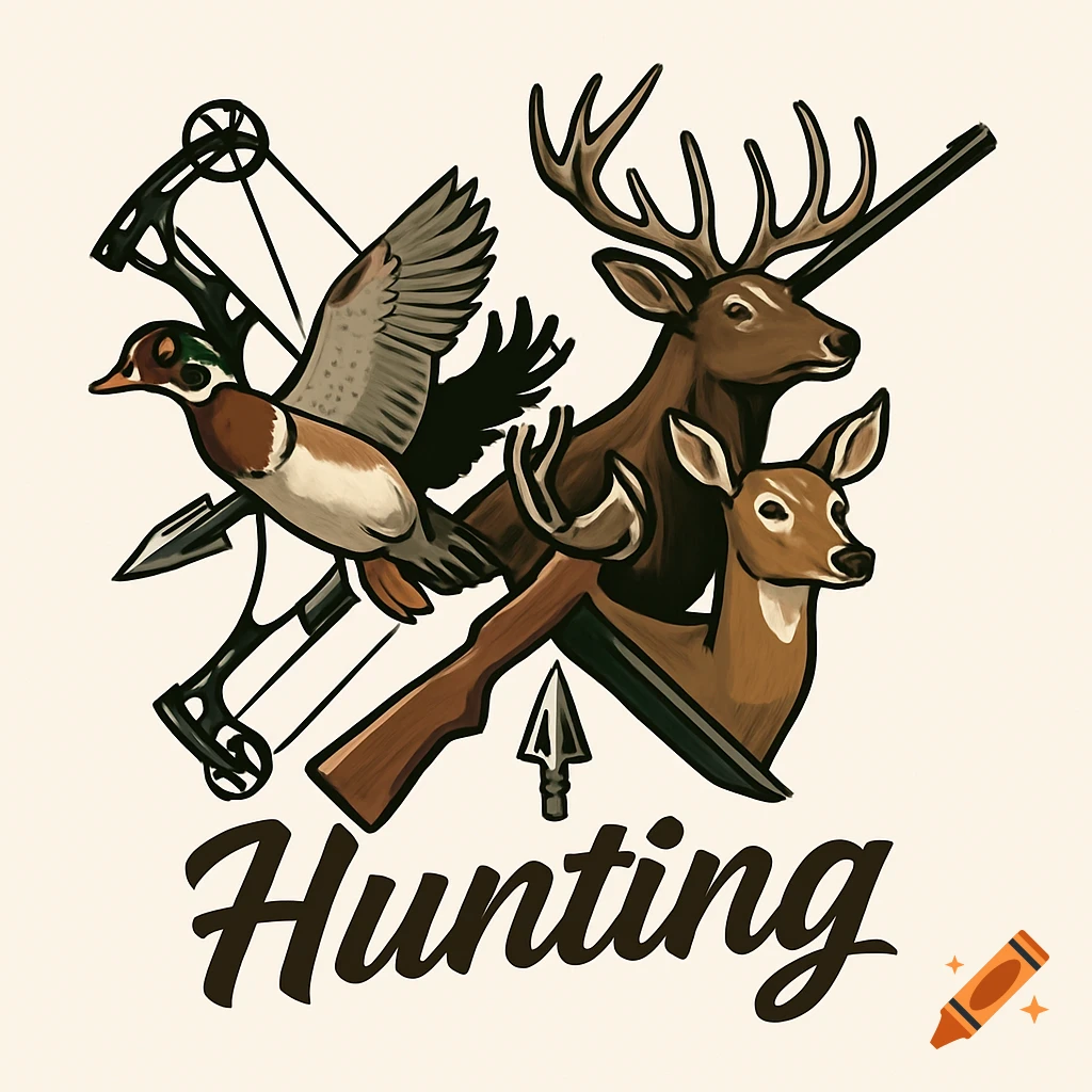 A stylized logo featuring a wood duck, an elk, a white-tailed deer, a compound bow, a rifle, and a broadhead with the word 'Hunting' below.
