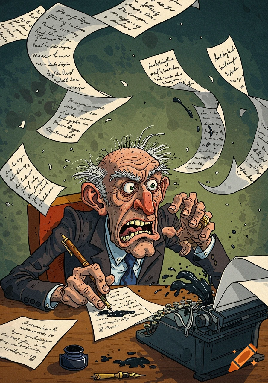A grotesque, Gerald Scarfe-style cartoon shows an old male writer intensely hunched over a desk, writing with a fountain pen amidst flying papers and an ink-oozing typewriter. His face is contorted.