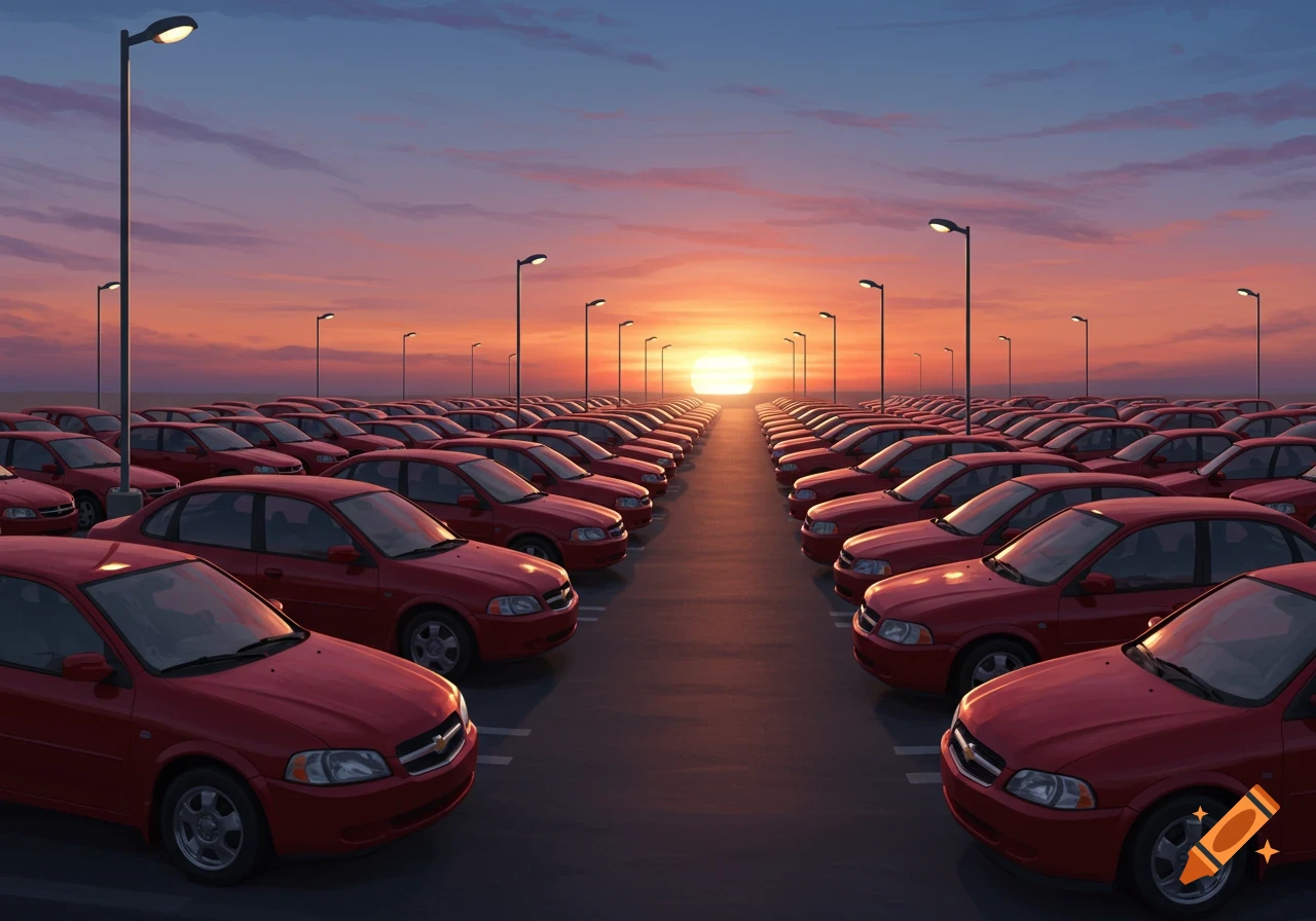 A vast parking lot filled with rows of identical red sedans stretching towards a bright sunset on the horizon.