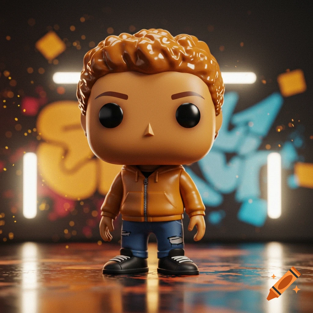 A Funko Pop figure with curly brown hair, orange hoodie, blue jeans, and sneakers stands on a reflective floor with neon lights and graffiti.