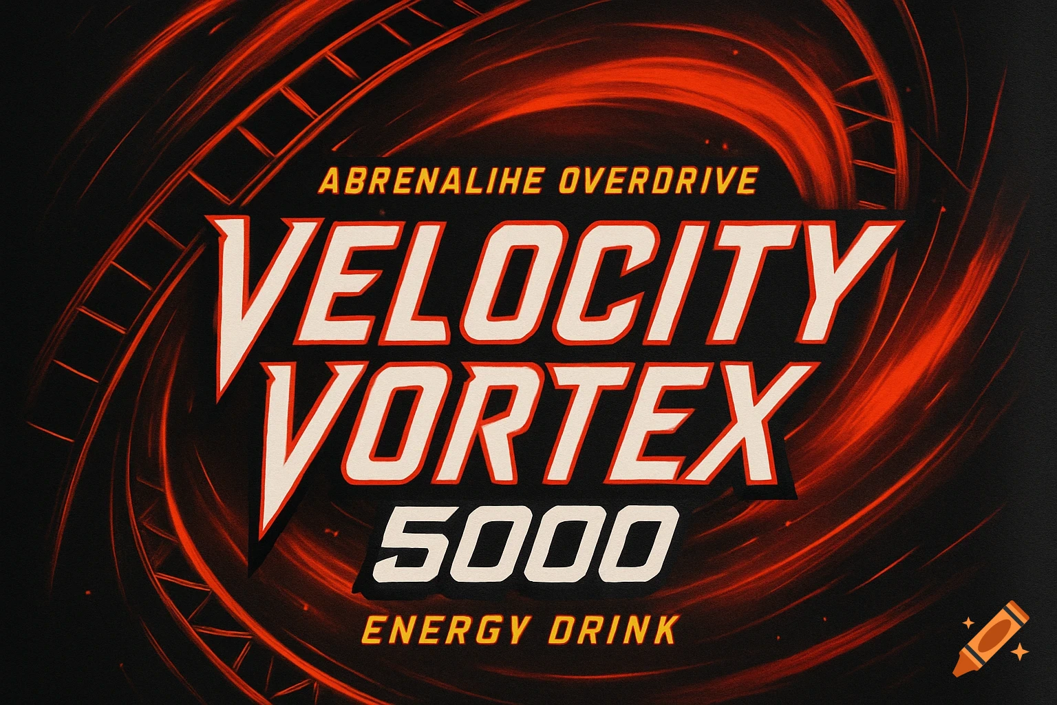 A stylized energy drink label with the words "VELOCITY VORTEX 5000" in bold white and red, set against a dark background with swirling red and orange lines, resembling a roller coaster track. Smaller text reads "ABRENALIHE OVERDRIVE" and "ENERGY DRINK".