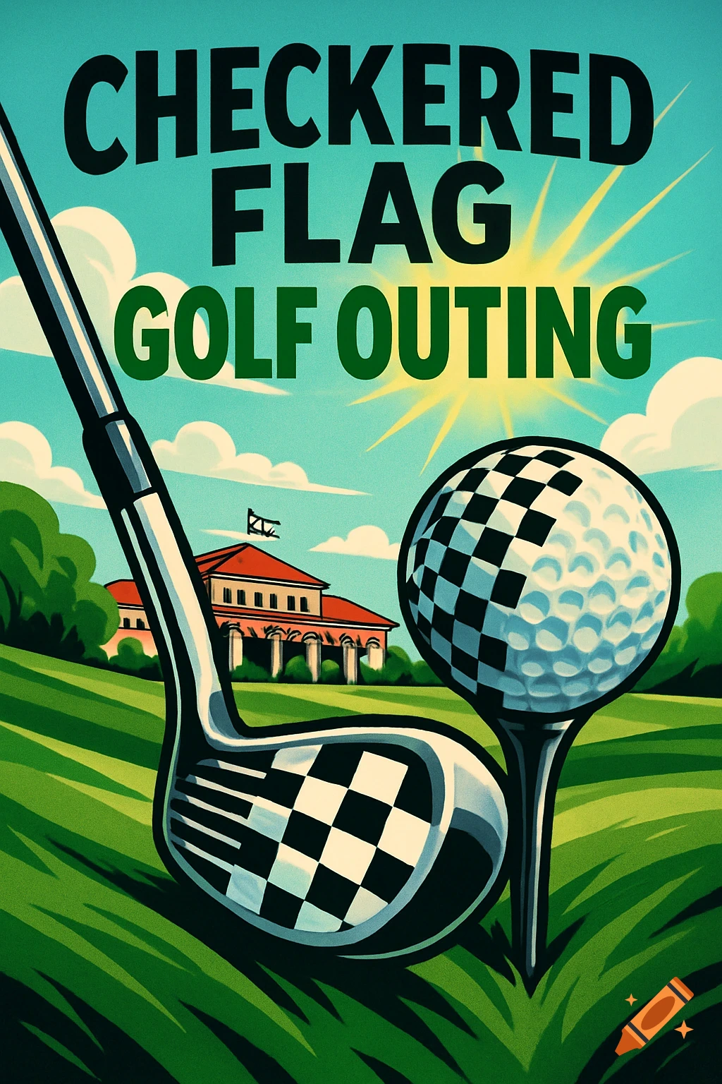 A stylized poster for a 'CHECKERED FLAG GOLF OUTING' featuring a golf club and a checkered golf ball on a tee, with a clubhouse and sun in the background.