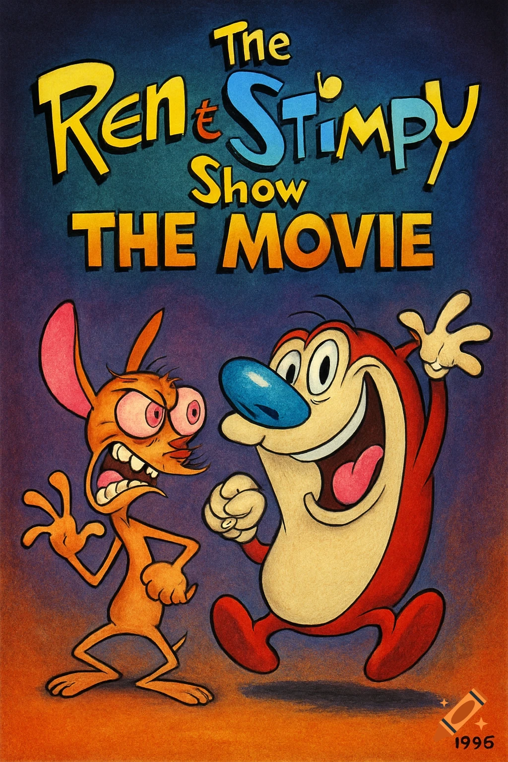 Colorful movie poster for The Ren & Stimpy Show, featuring an angry Ren and a happy Stimpy on a gradient background, in a 1990s cartoon style.