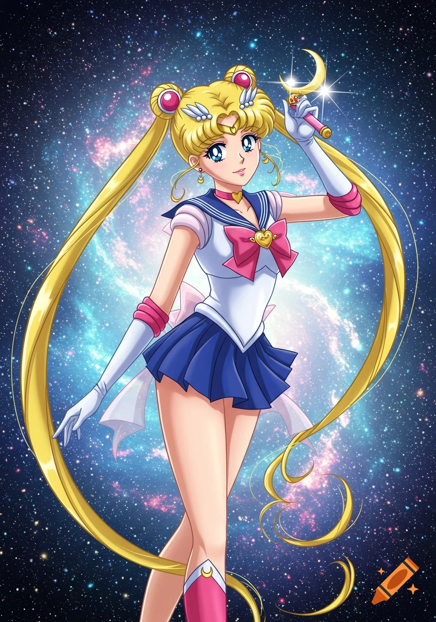 Anime illustration of Sailor Moon in her white and blue uniform, holding her moon stick, against a vibrant starry galaxy background.