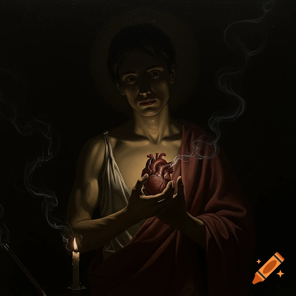Chiaroscuro painting of a young man holding a glowing human heart, with smoke and a candle in a dark setting.