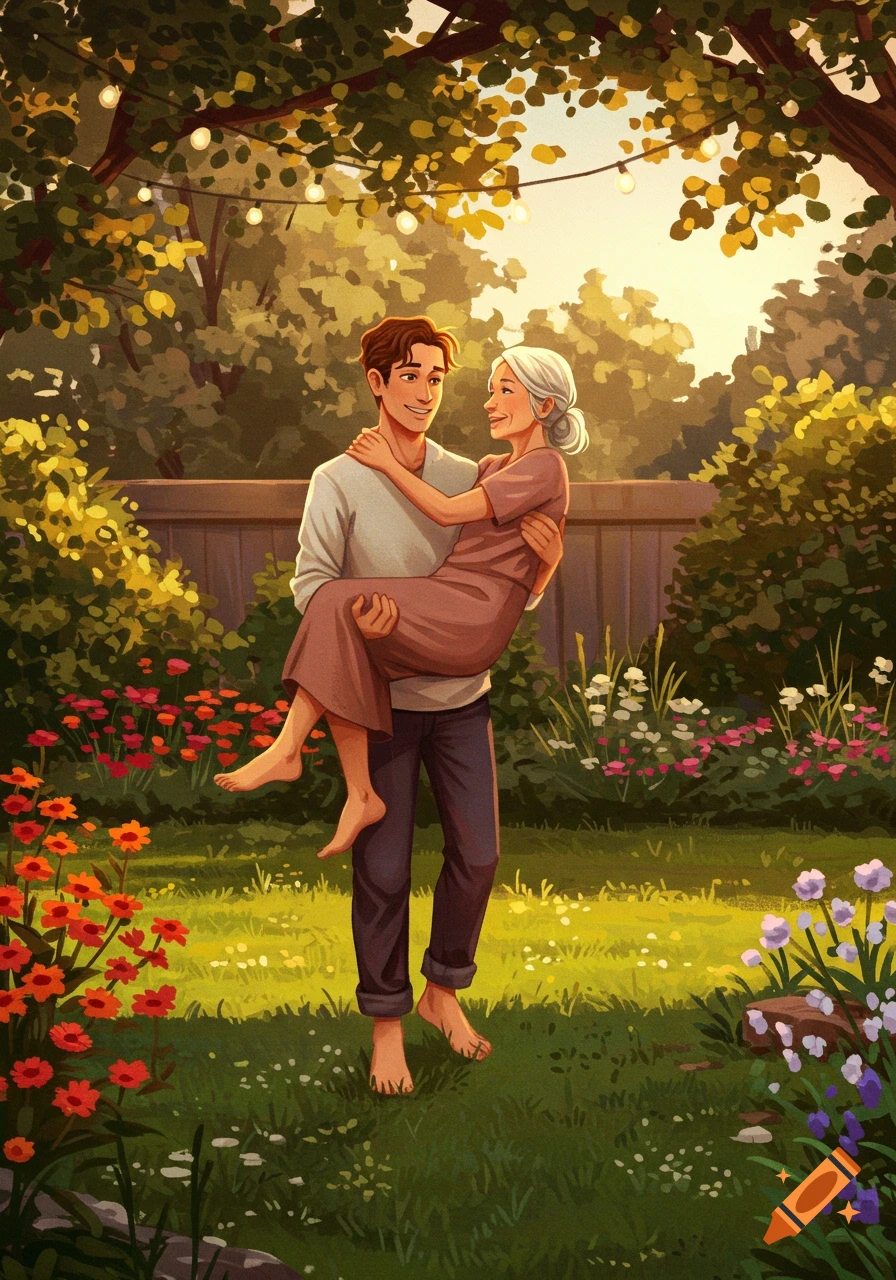 Illustrated scene of a young man carrying an older woman barefoot in a sunlit garden with trees and flowers.