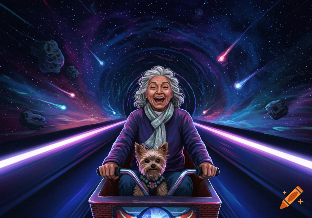 Joyful elderly woman and Yorkshire Terrier ride through a vibrant space tunnel with stars and meteors. Digital illustration.